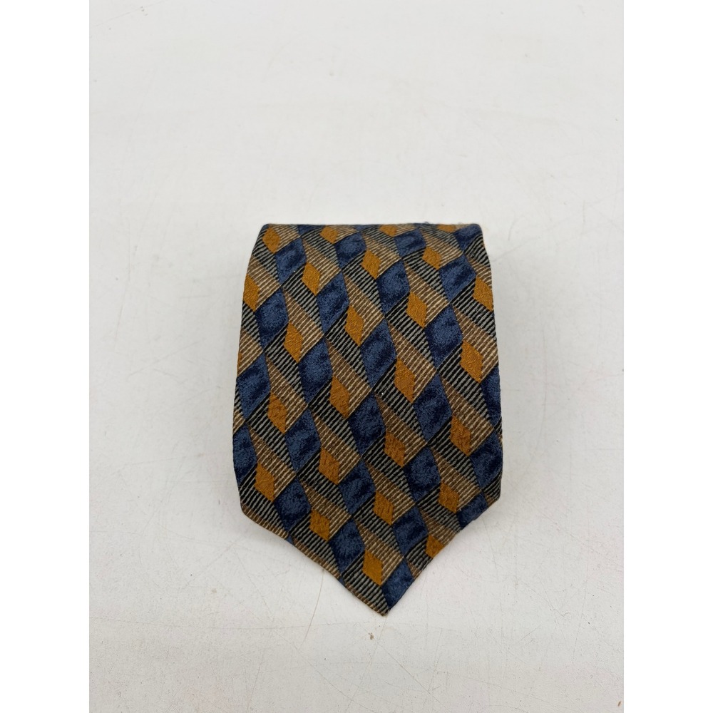 Ermenegildo Zegna Silk Tie Blue Gold Geometric Diamond Pattern Italy Mens Tie